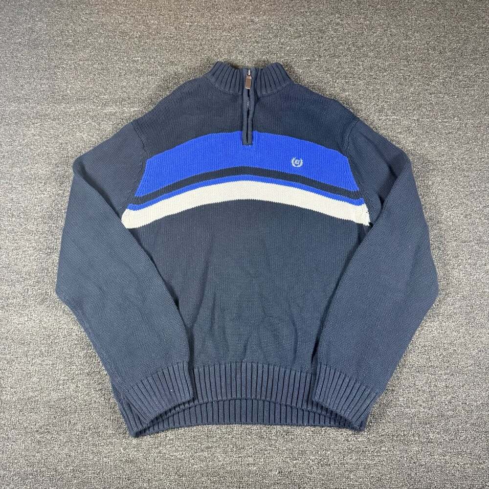 Y2K Chaps Men's Navy Blue Striped 1/4 Zip Pullover Knit Sweater XXL